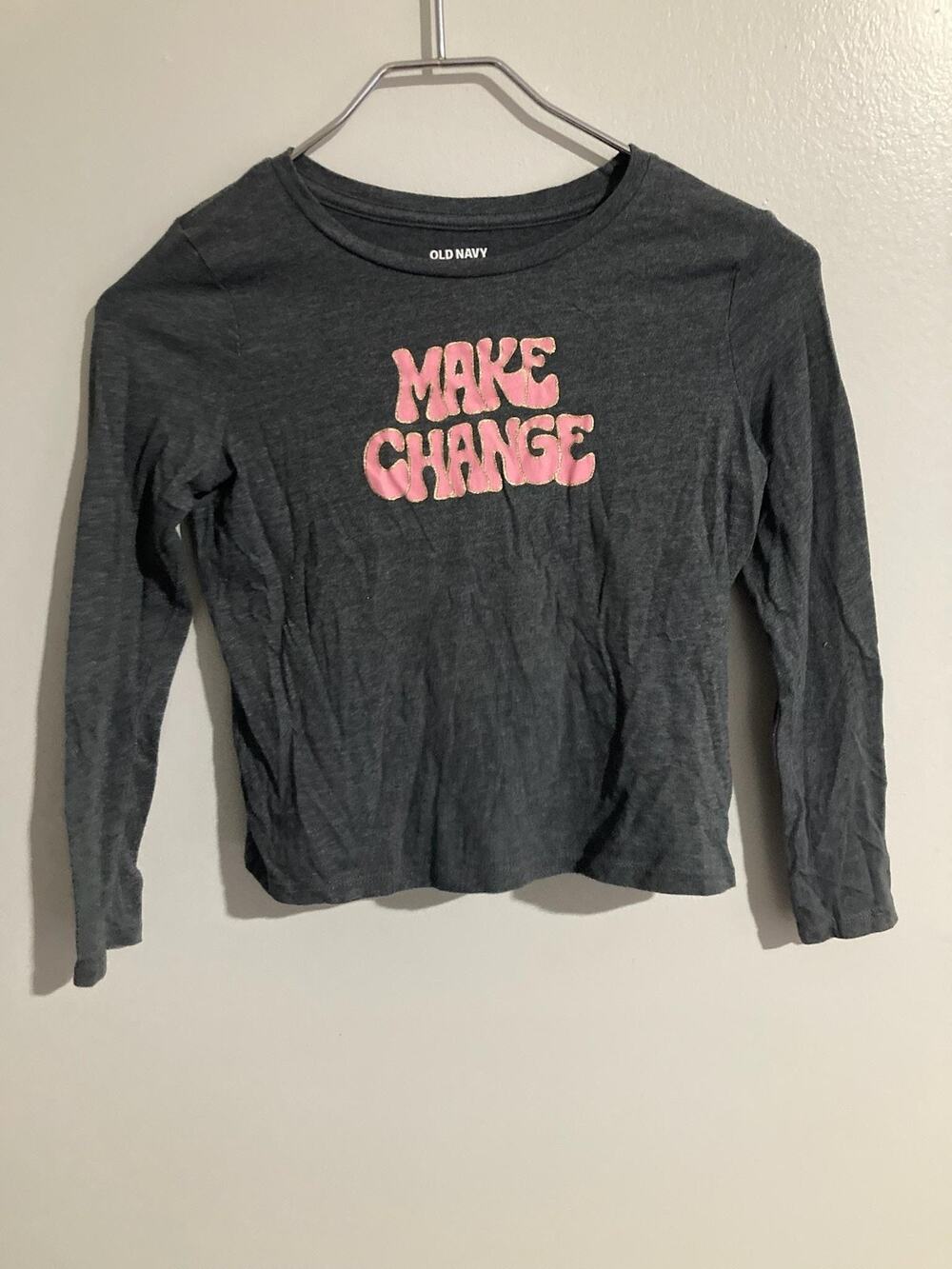 Old Navy T-Shirt Kids 8 Gray Long Sleeve Make Change Graphic Tagless Jersey